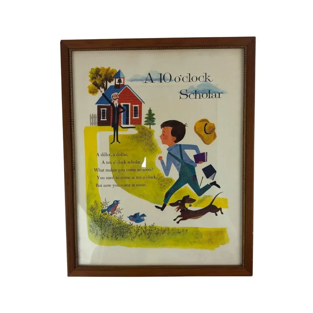 Vintage 50s Framed Art A 10 O'Clock Scholar Dale Maxey Mother Goose Lithograph - Picture 2 of 7
